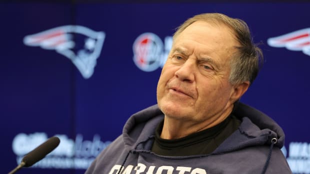 Nov 10, 2023; Frankfurt, Germany; New England Patriots head coach Bill Belichick speaks to the media before an NFL International Series practice at the Deutcher Fussball-Bund facility.